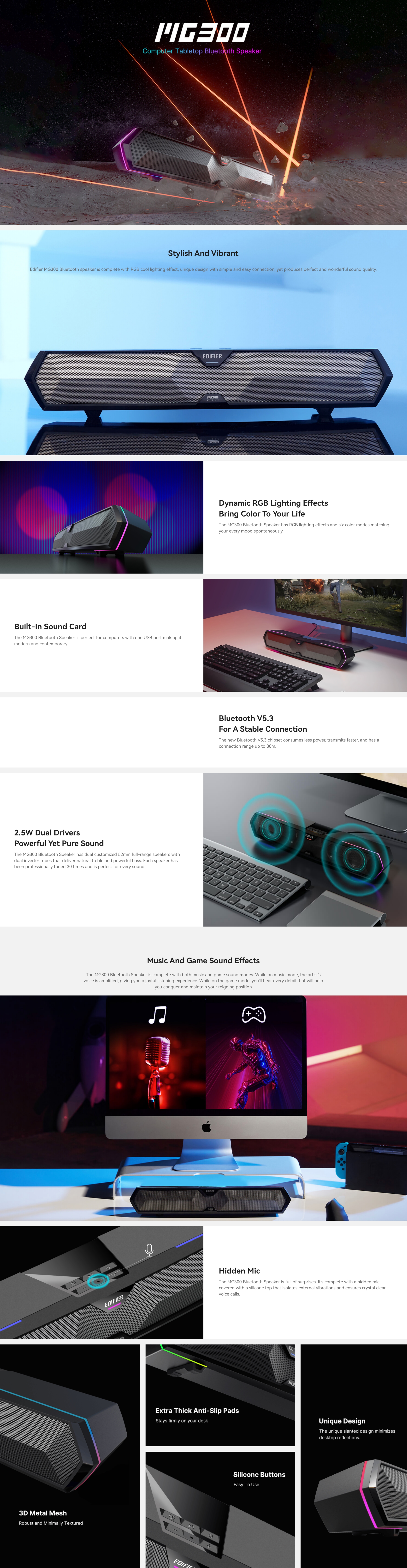 A large marketing image providing additional information about the product Edifier MG300 Computer Tabletop RGB Bluetooth Speaker - Additional alt info not provided